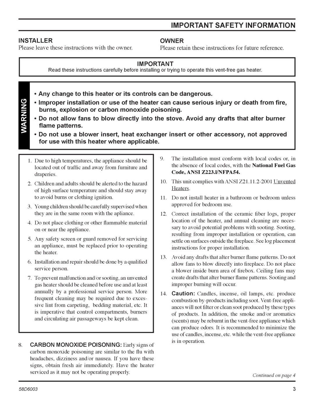 Martin Fireplaces VFCS30SNV, VFCS20SPV, VFCS30SPV, VFCS20SNV manual Important Safety Information, Installer, Owner 