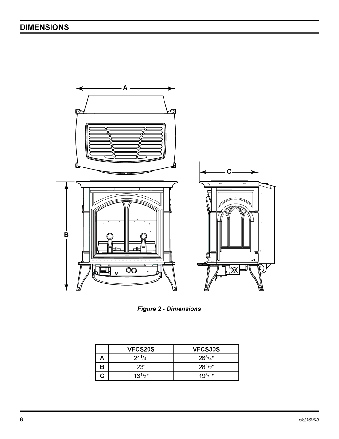 Martin Fireplaces VFCS20SNV, VFCS20SPV, VFCS30SPV, VFCS30SNV manual Dimensions, VFCS20S VFCS30S, 26 3, 28 1, 16 1 19 3 