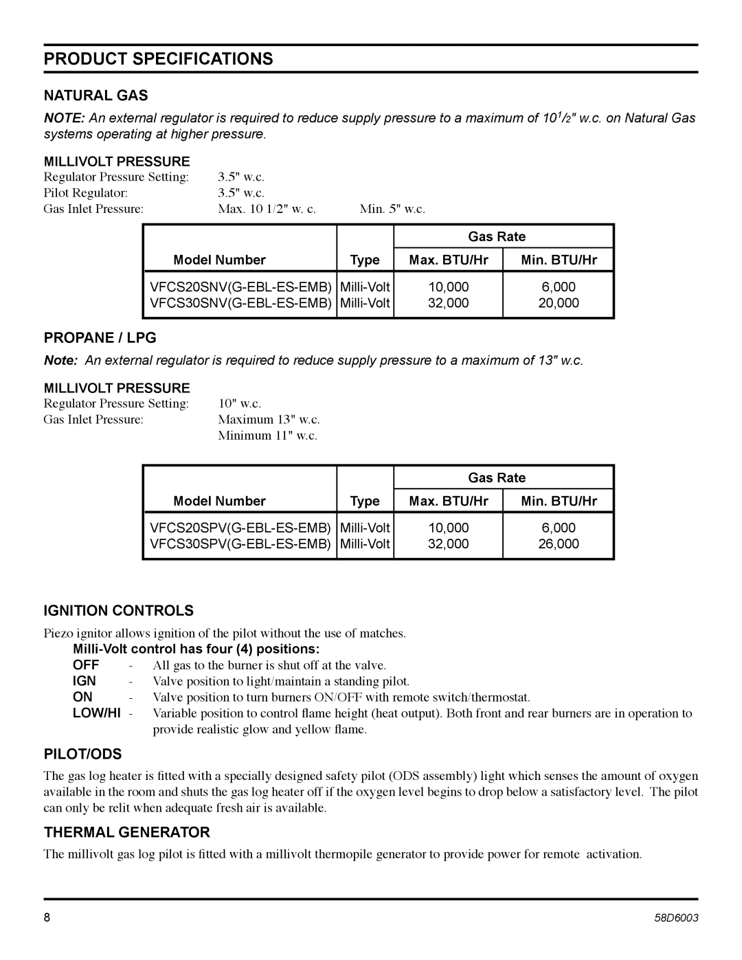 Martin Fireplaces VFCS20SPV, VFCS30SPV, VFCS20SNV, VFCS30SNV manual Product Specifications 