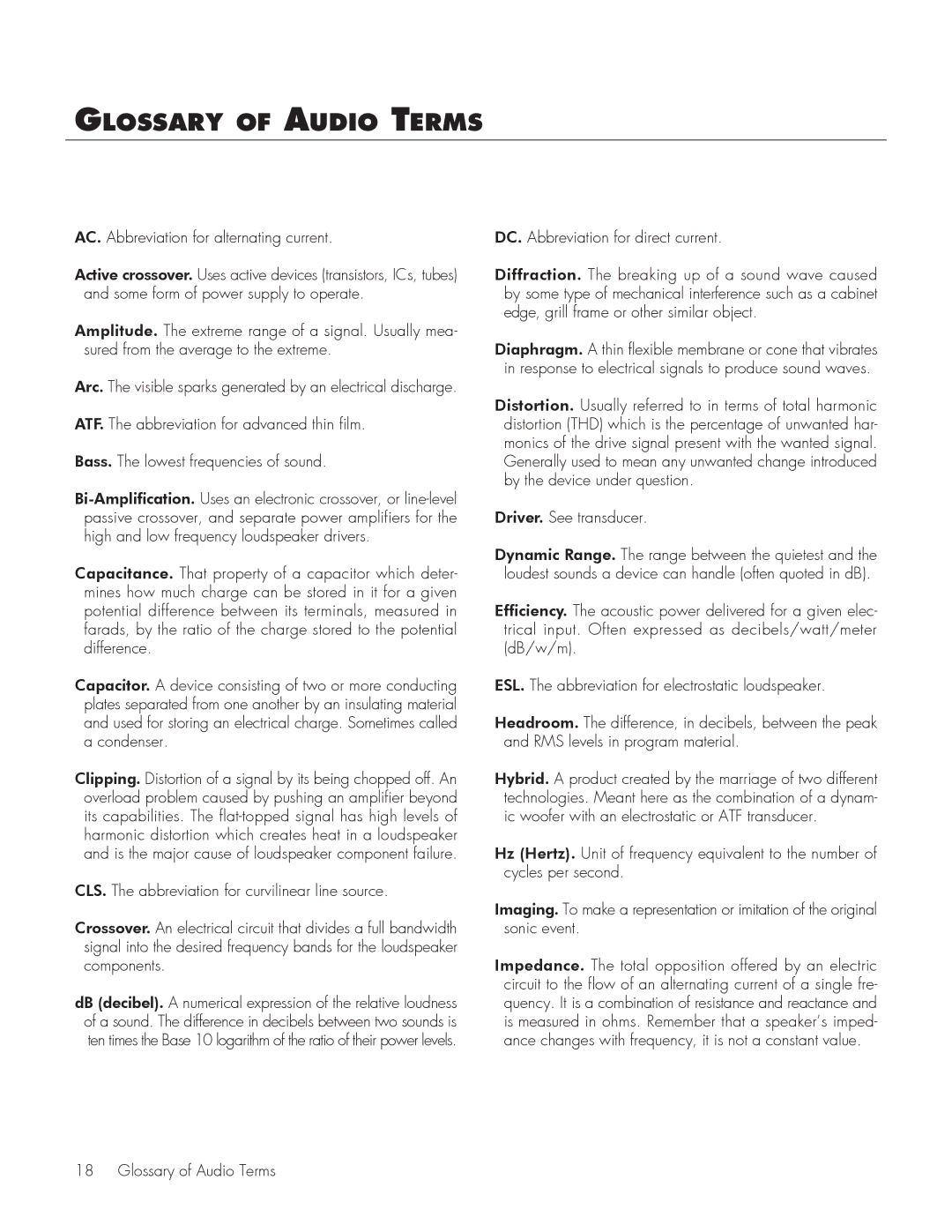 MartinLogan 1000 user manual Glossary of Audio Terms 