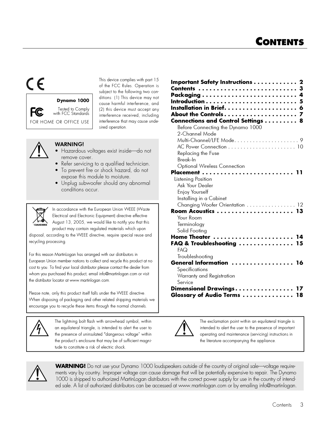 MartinLogan 1000 user manual Contents 