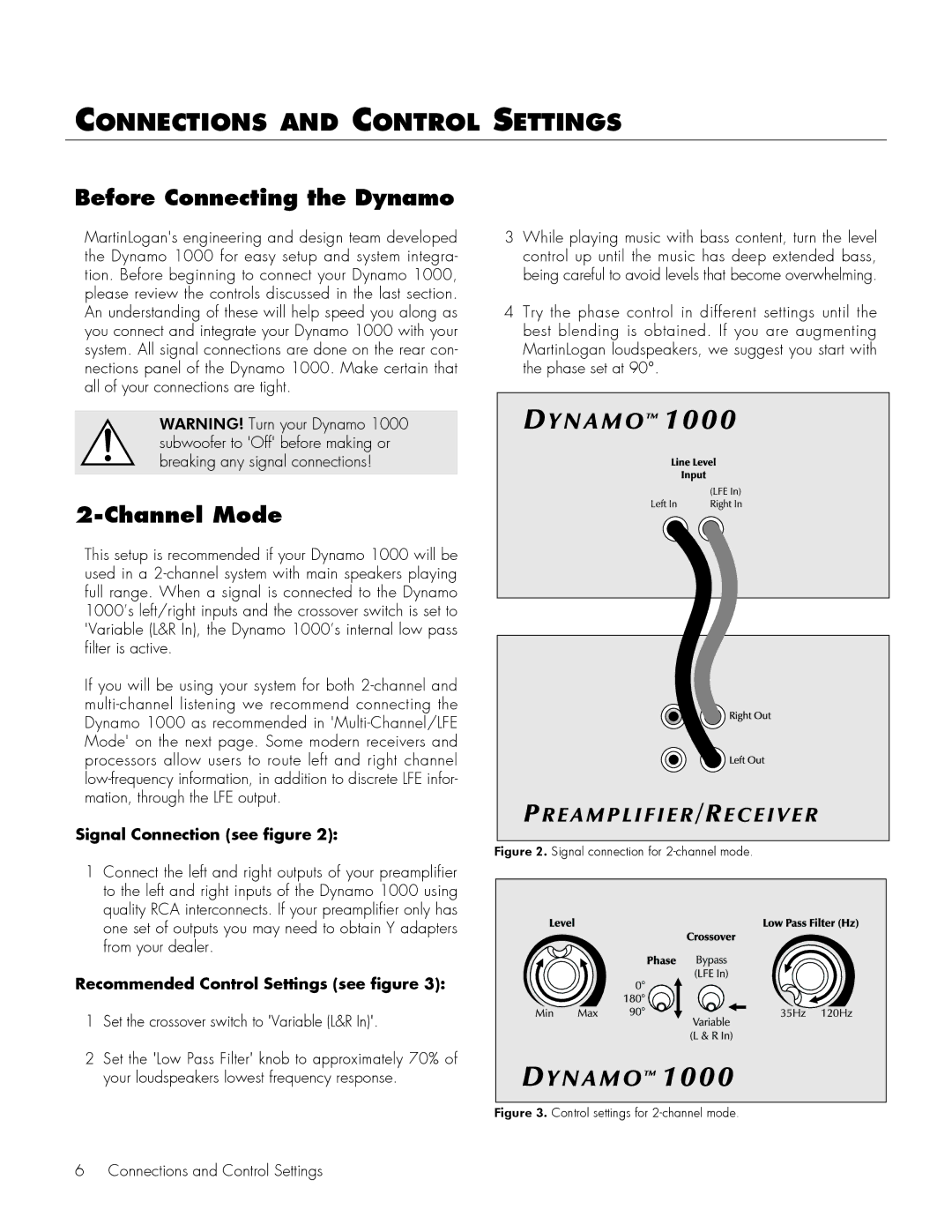 MartinLogan 1000 user manual Connections and Control Settings, Before Connecting the Dynamo, Channel Mode 