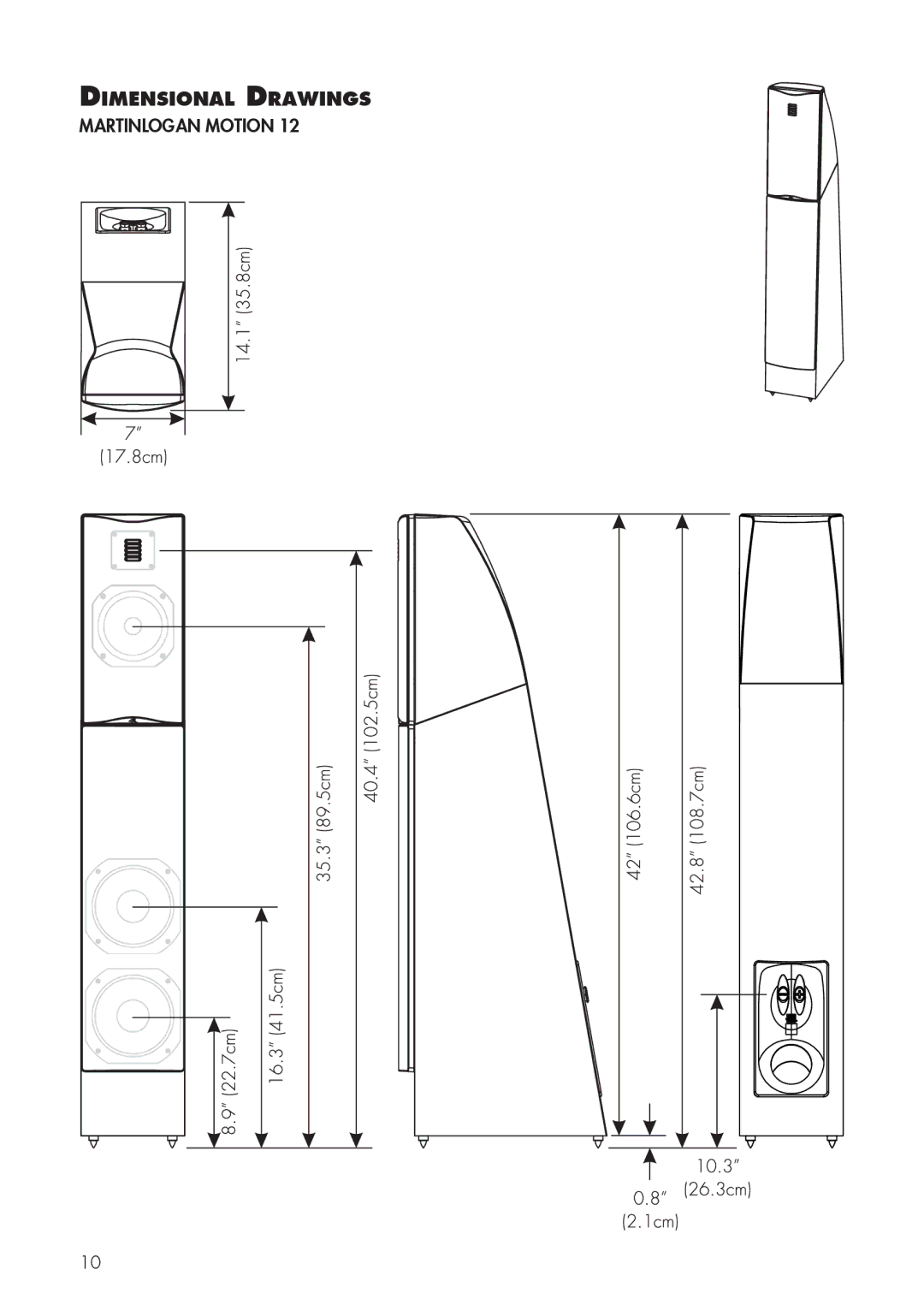 MartinLogan 12, 10 user manual Dimensional Drawings 