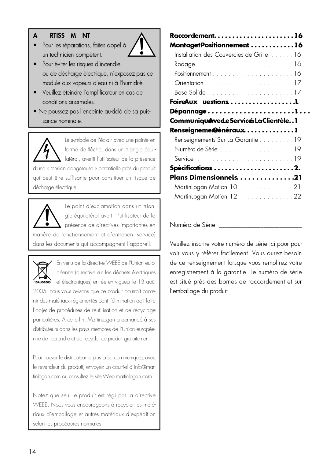 MartinLogan 12, 10 user manual Avertissement, Pour éviter les risques d’incendie, Numéro de Série 