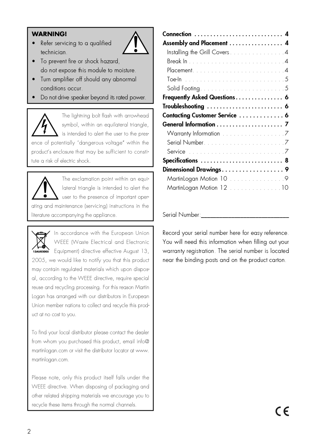 MartinLogan 12, 10 user manual Serial Number, Do not drive speaker beyond its rated power 