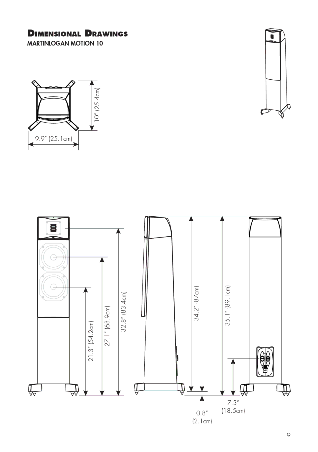 MartinLogan 10, 12 user manual Dimensional Drawings 