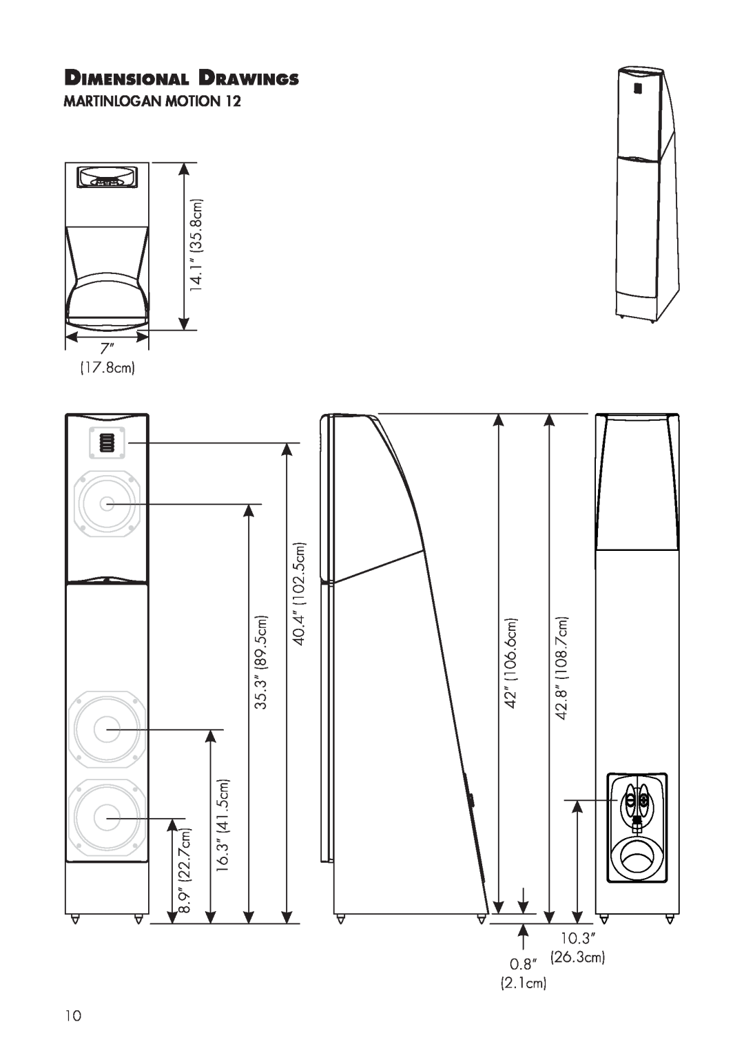 MartinLogan 12, 10 user manual Dimensional Drawings, Martinlogan Motion 