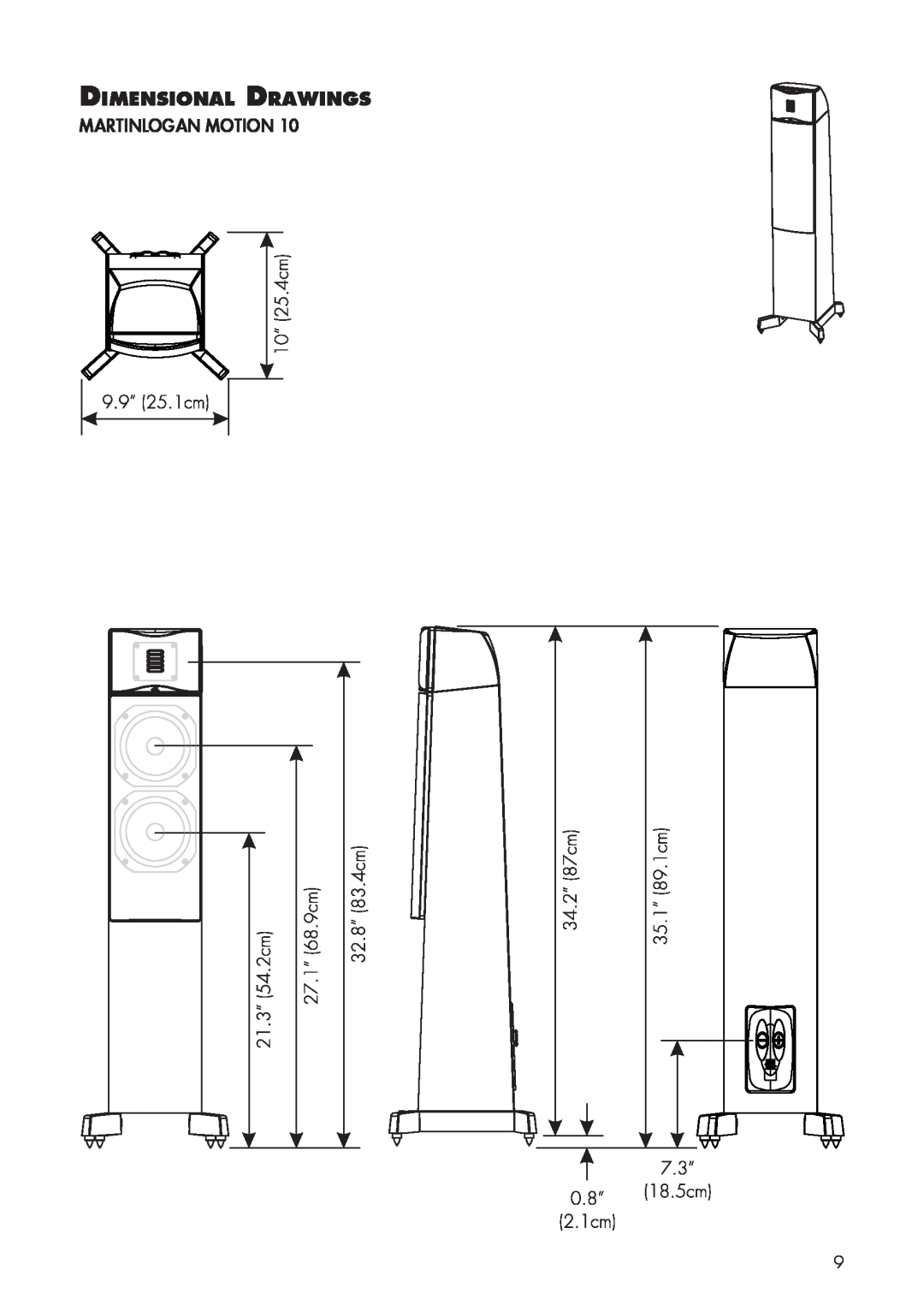 MartinLogan 10, 12 user manual Dimensional Drawings, Martinlogan Motion 