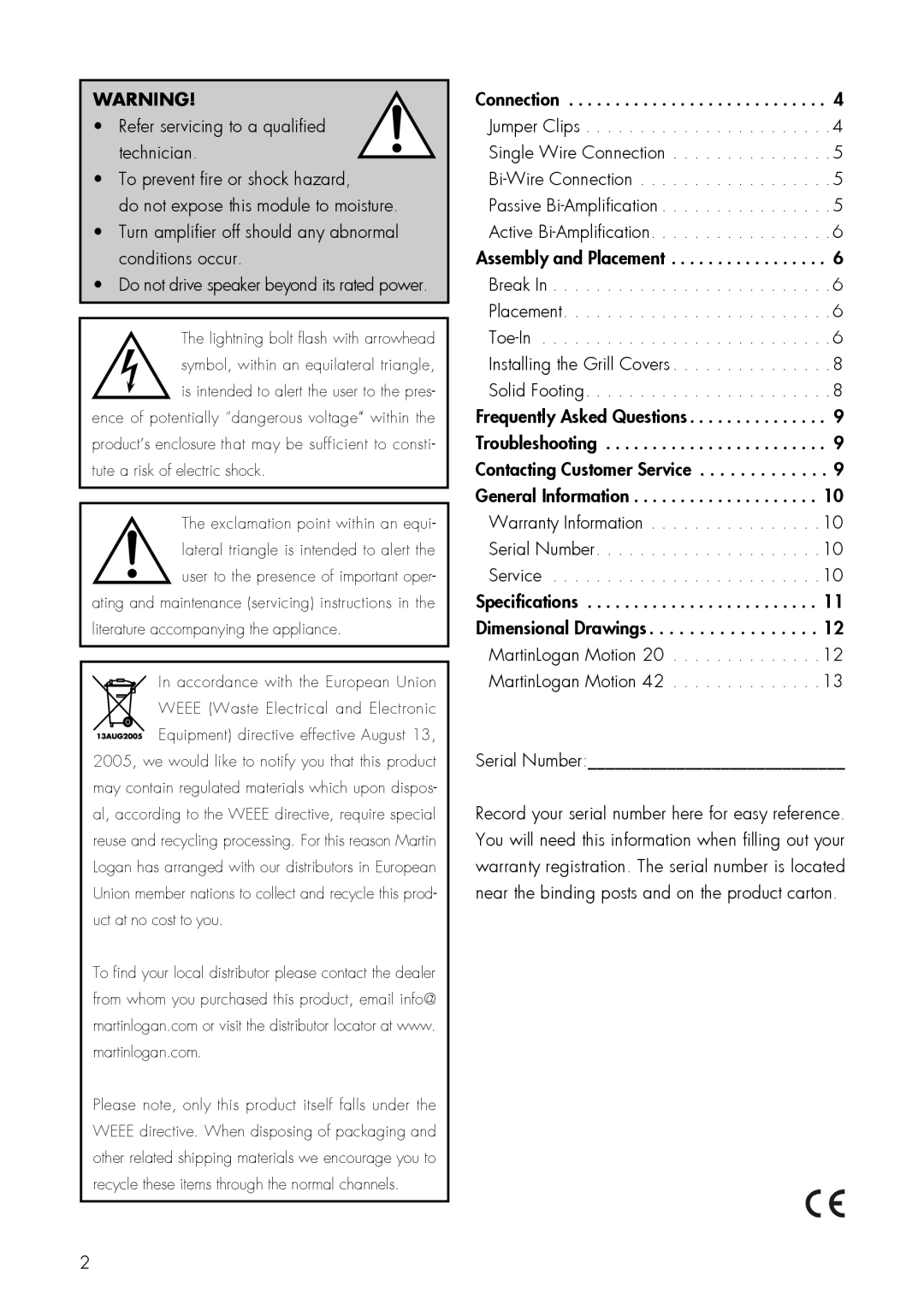 MartinLogan 20, 40 user manual Serial Number, Do not drive speaker beyond its rated power 