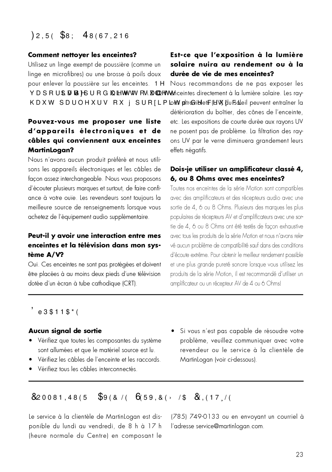 MartinLogan 40, 20 user manual Foire Aux Questions Comment nettoyer les enceintes?, Dépannage Aucun signal de sortie 