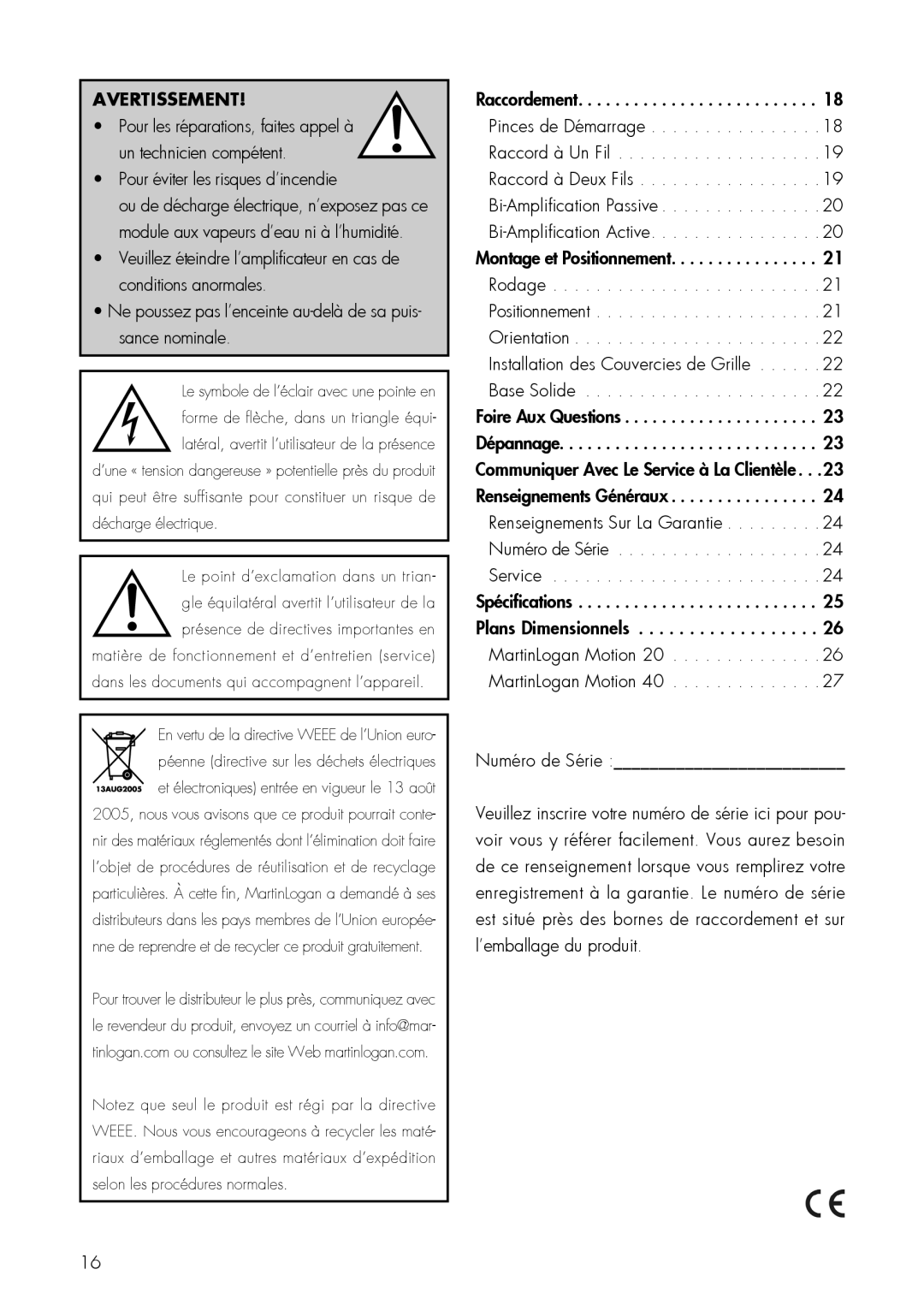 MartinLogan 20, 40 user manual Avertissement, Pour éviter les risques d’incendie, Numéro de Série 