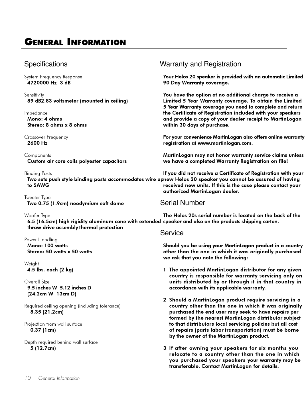 MartinLogan 20 user manual General Information, Specifications, Warranty and Registration, Serial Number, Service 