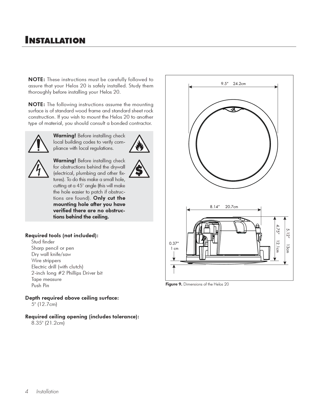 MartinLogan 20 user manual Installation, Dimensions of the Helos 