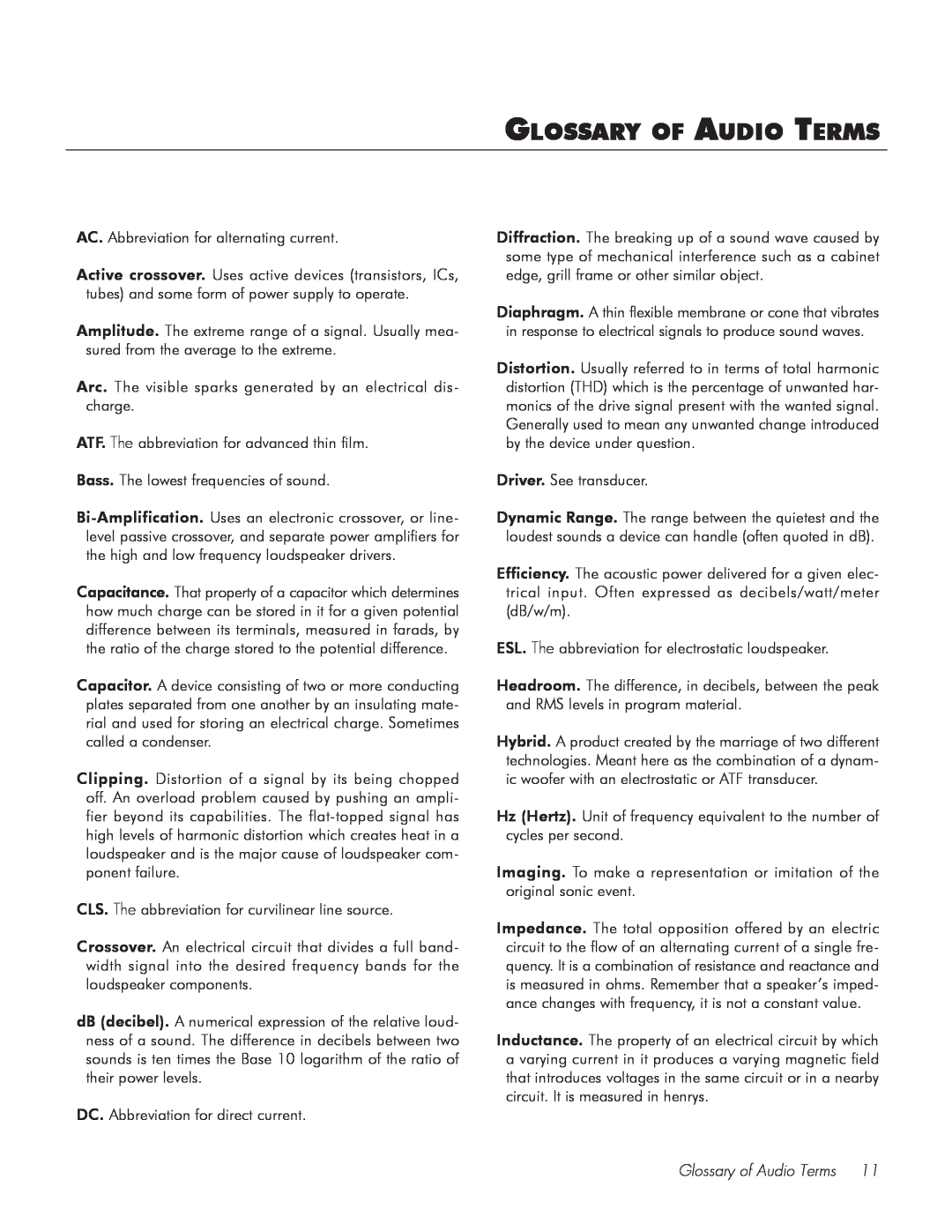 MartinLogan 20 user manual Glossary of Audio Terms 