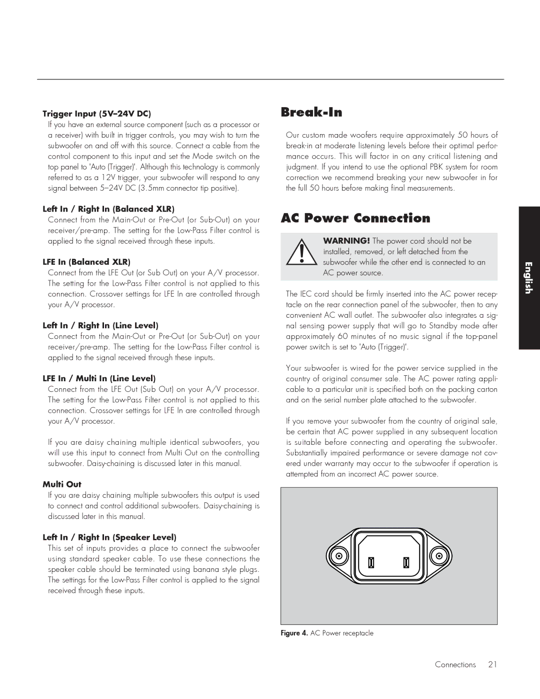 MartinLogan 212, 210 user manual Break-In, AC Power Connection 