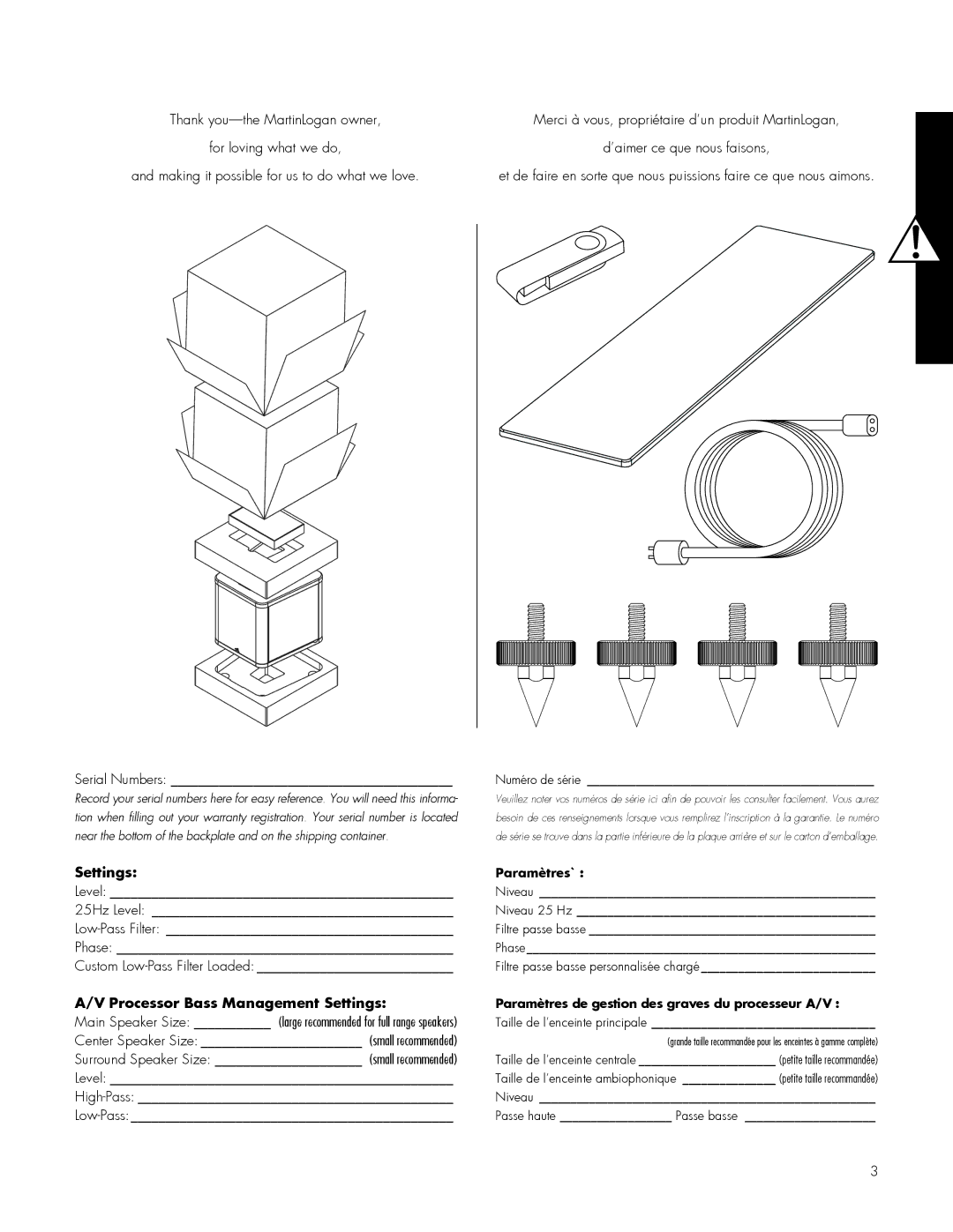 MartinLogan 212 Processor Bass Management Settings, Paramètres`, Paramètres de gestion des graves du processeur A/V 