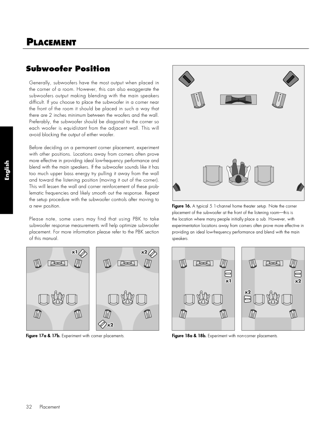 MartinLogan 210, 212 user manual Subwoofer Position, Placement 