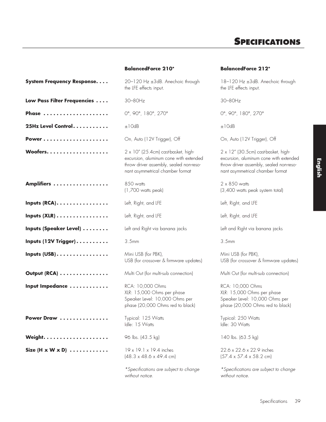 MartinLogan 212, 210 user manual Specifications 