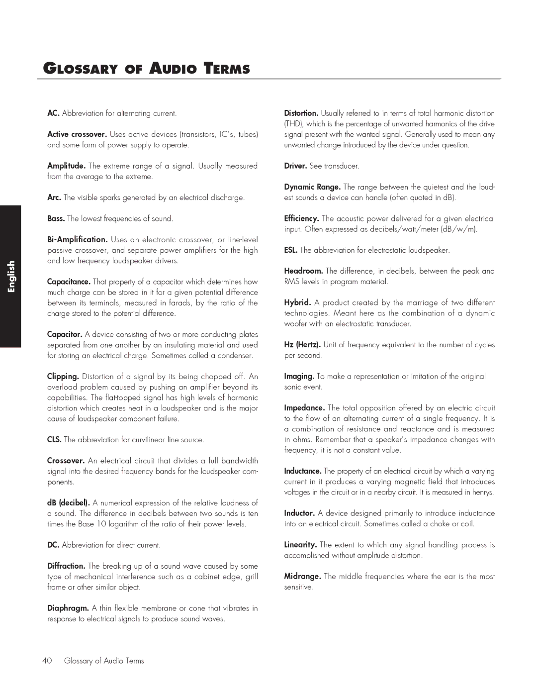 MartinLogan 210, 212 user manual Glossary of Audio Terms 