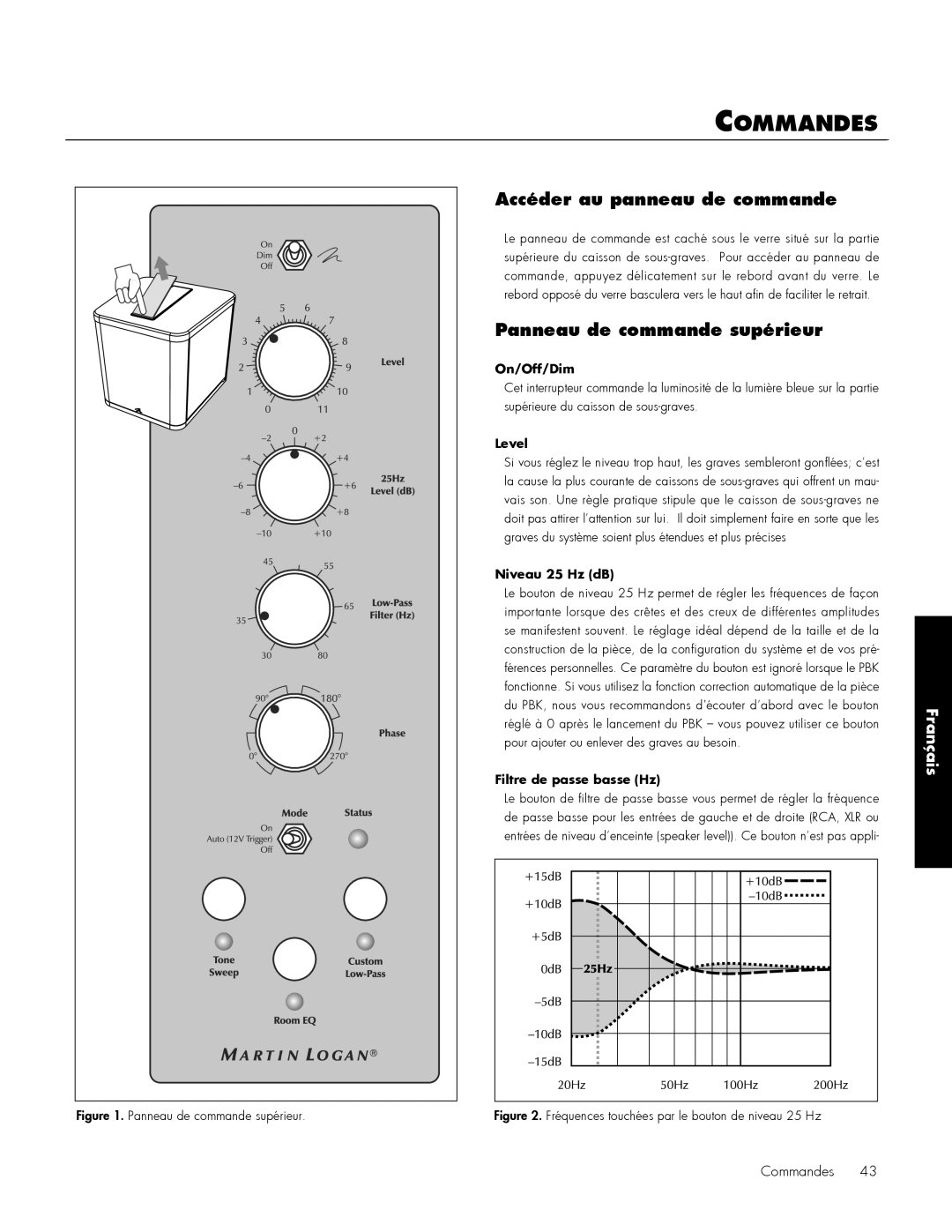 MartinLogan 212, 210 user manual Commandes, Accéder au panneau de commande, Panneau de commande supérieur 