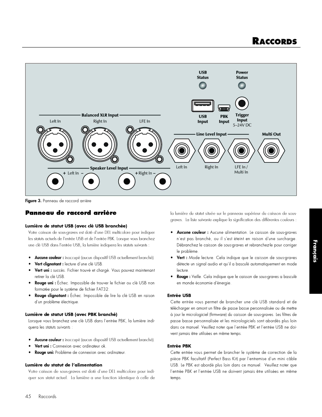 MartinLogan 212, 210 user manual Raccords, Panneau de raccord arrière 