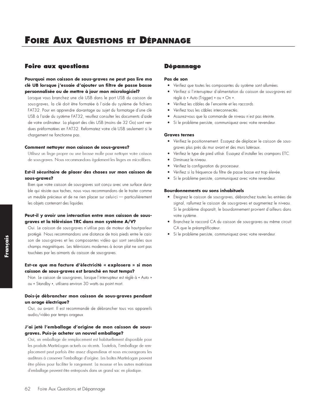 MartinLogan 210, 212 user manual Foire Aux Questions et Dépannage, Foire aux questions 