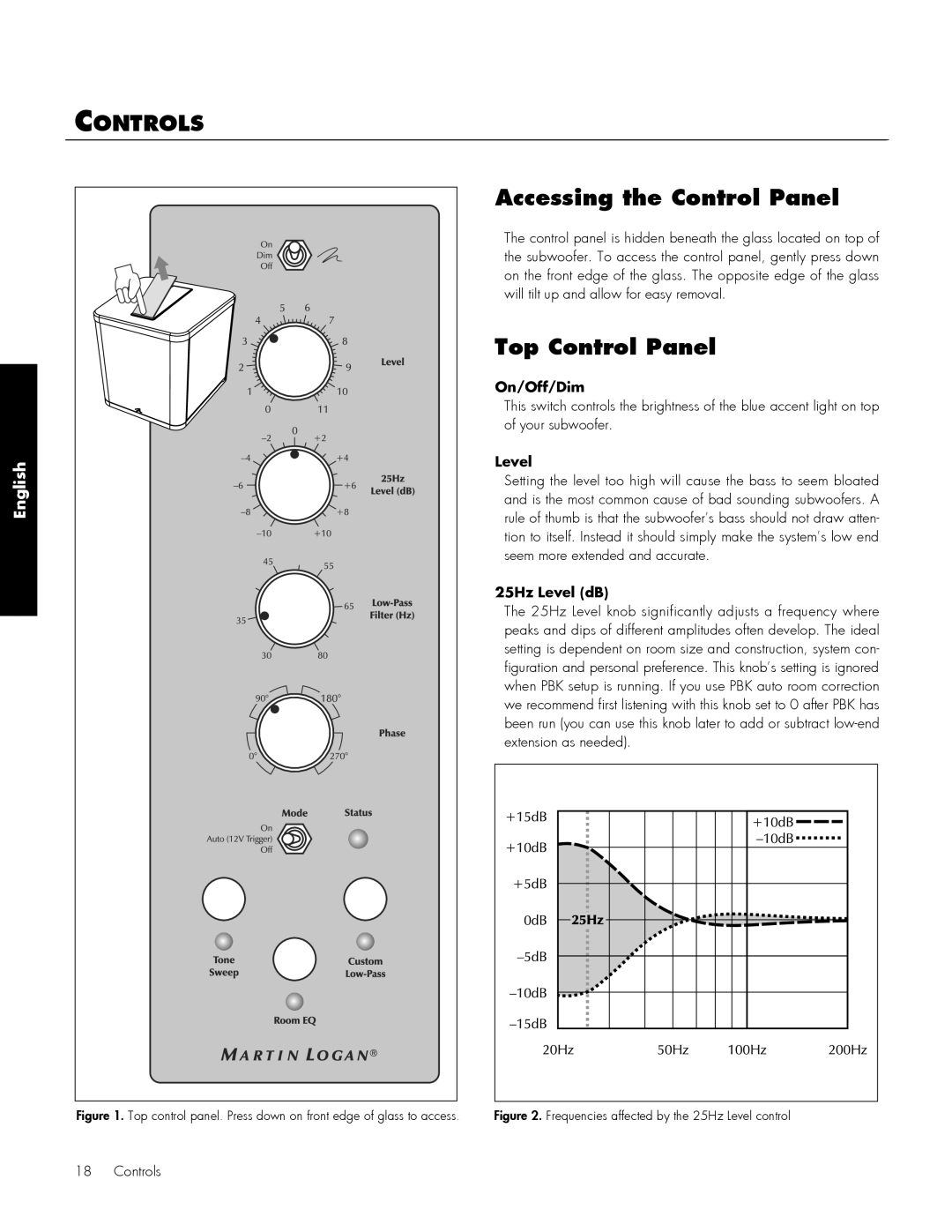 MartinLogan 210, 212 user manual Accessing the Control Panel, Top Control Panel, Controls, English 