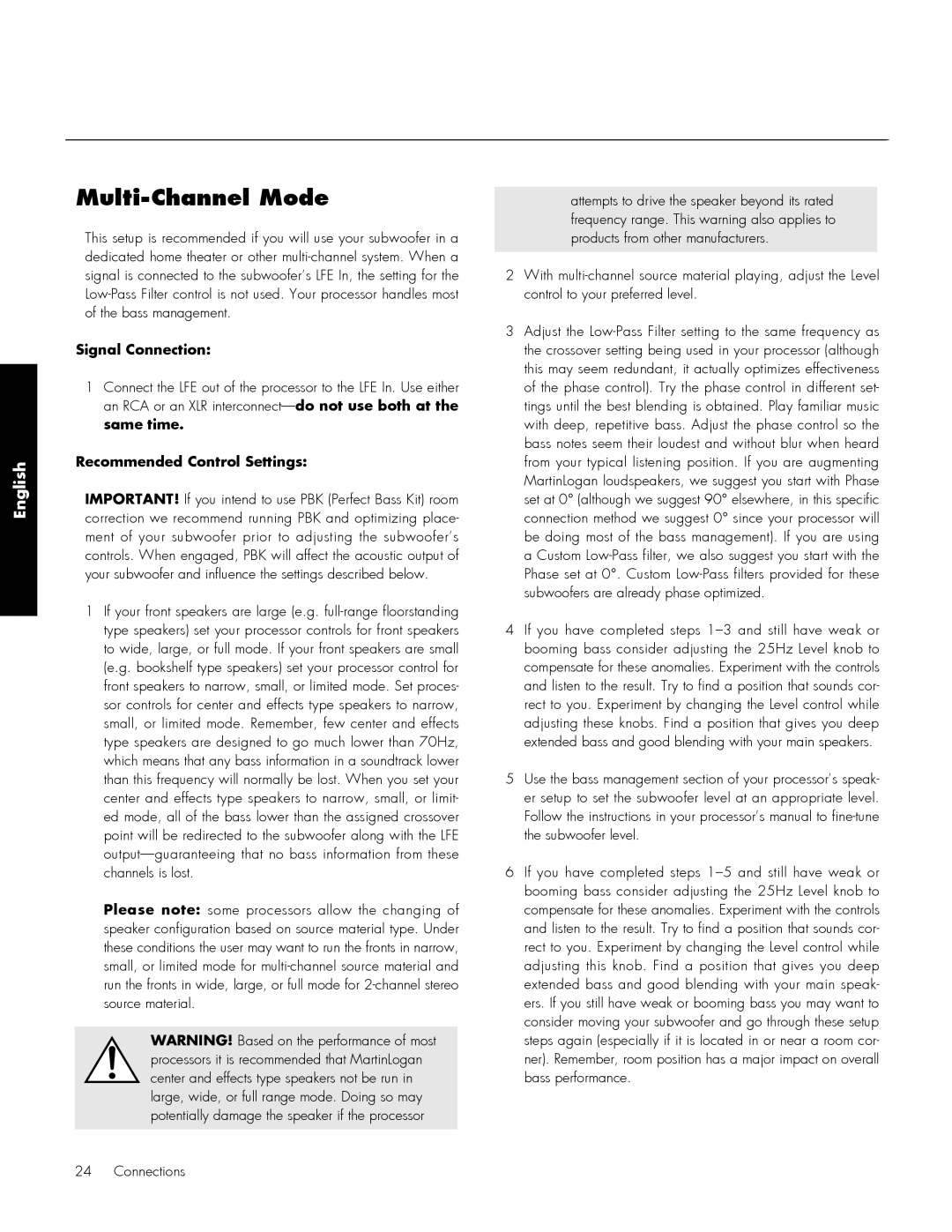 MartinLogan 210, 212 user manual Multi-ChannelMode, English 