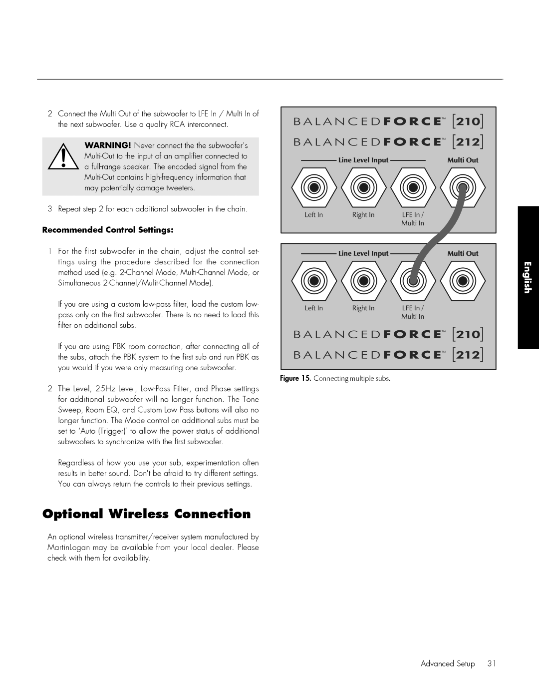 MartinLogan 212, 210 user manual Optional Wireless Connection, English 