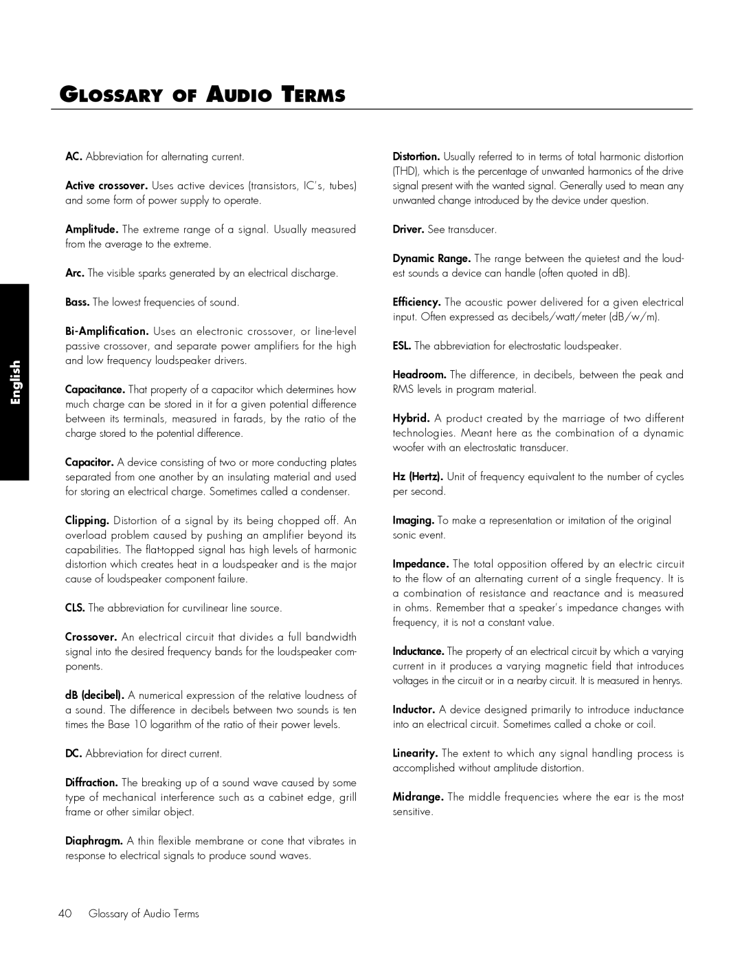 MartinLogan 210, 212 user manual Glossary of Audio Terms, English 