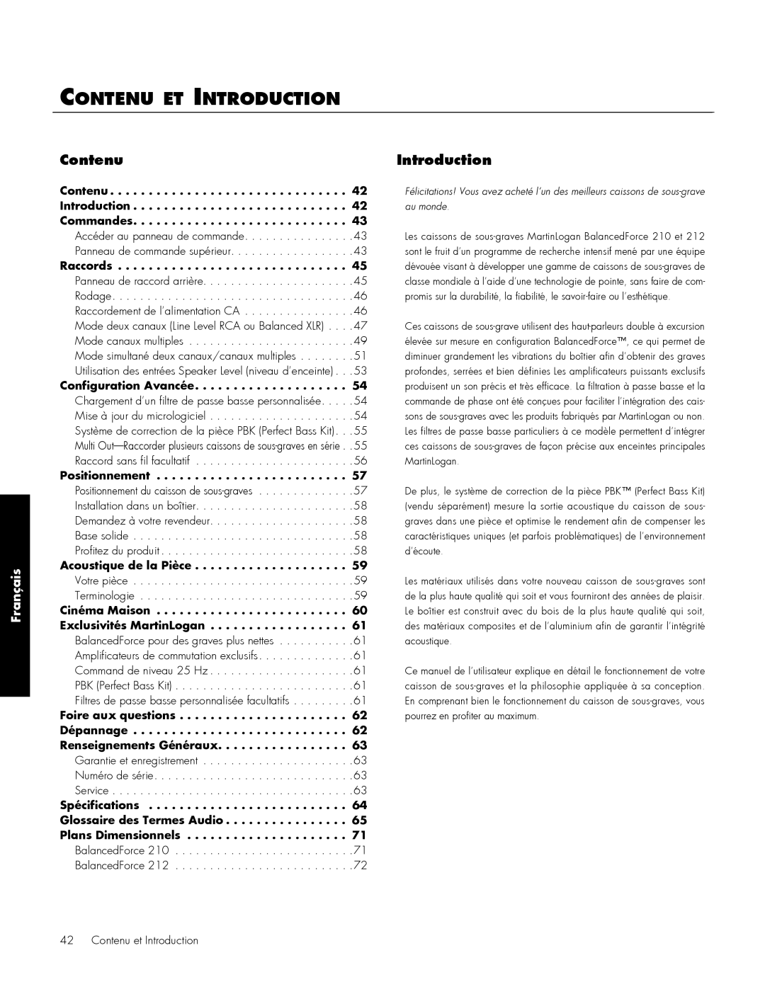 MartinLogan 210, 212 user manual Contenu et Introduction, Français 