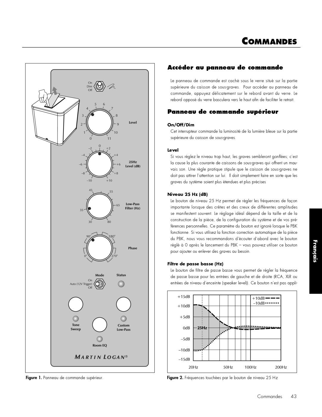 MartinLogan 212, 210 user manual Commandes, Français, On/Off/Dim, Level, Niveau 25 Hz dB, Filtre de passe basse Hz 