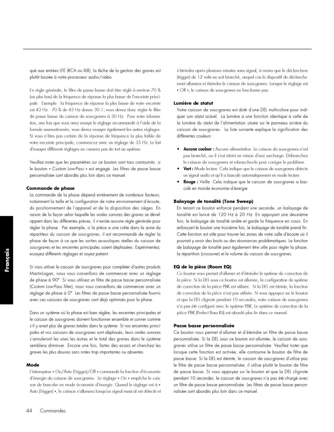MartinLogan 210, 212 user manual Français, Commande de phase, Mode, Lumière de statut, Balayage de tonalité Tone Sweep 