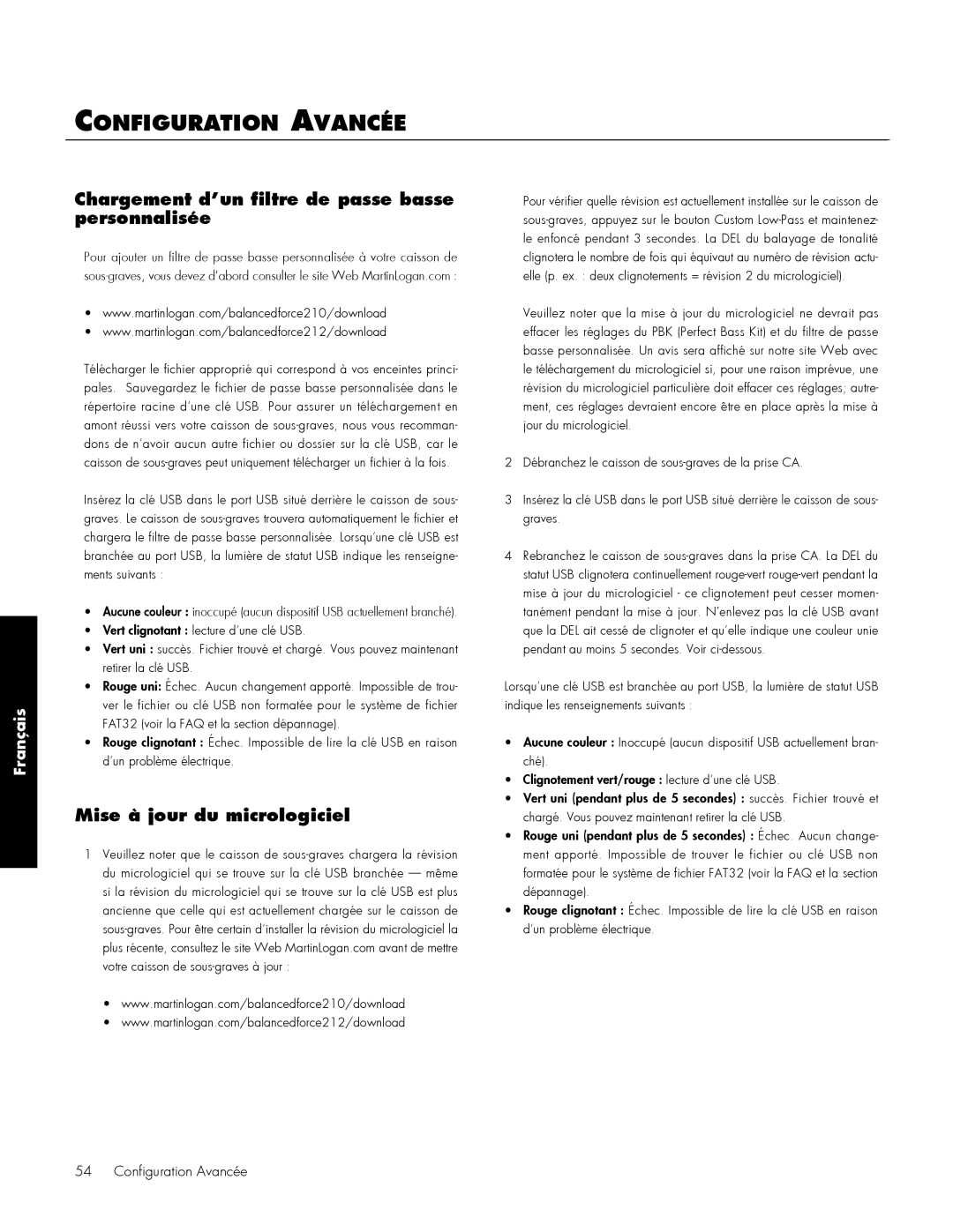 MartinLogan 210, 212 user manual Configuration Avancée, Mise à jour du micrologiciel, Français 