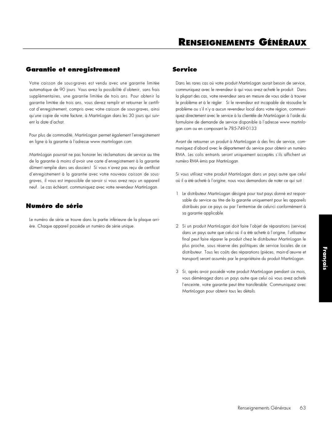 MartinLogan 212, 210 user manual Renseignements Généraux, Garantie et enregistrement, Service, Numéro de série, Français 