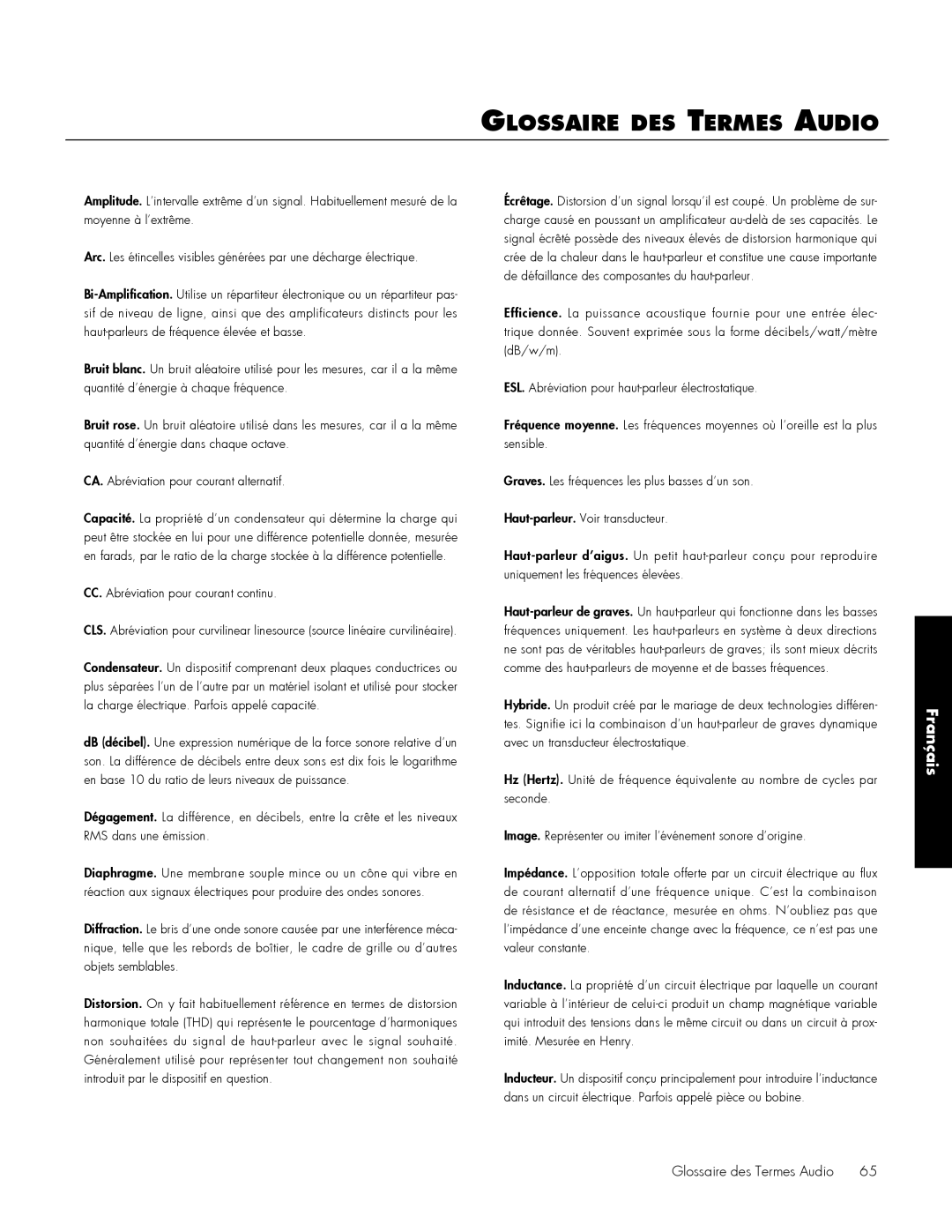MartinLogan 212, 210 user manual Glossaire des Termes Audio, Français 