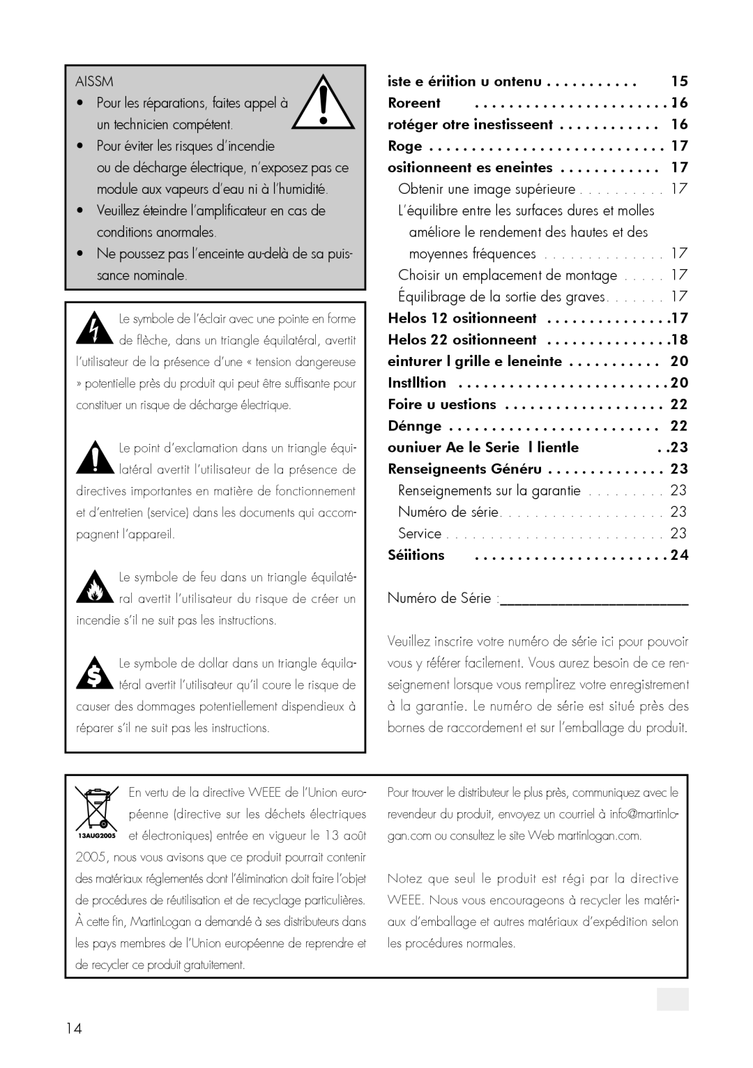 MartinLogan 22, 12 user manual Avertissement, Pour éviter les risques d’incendie 