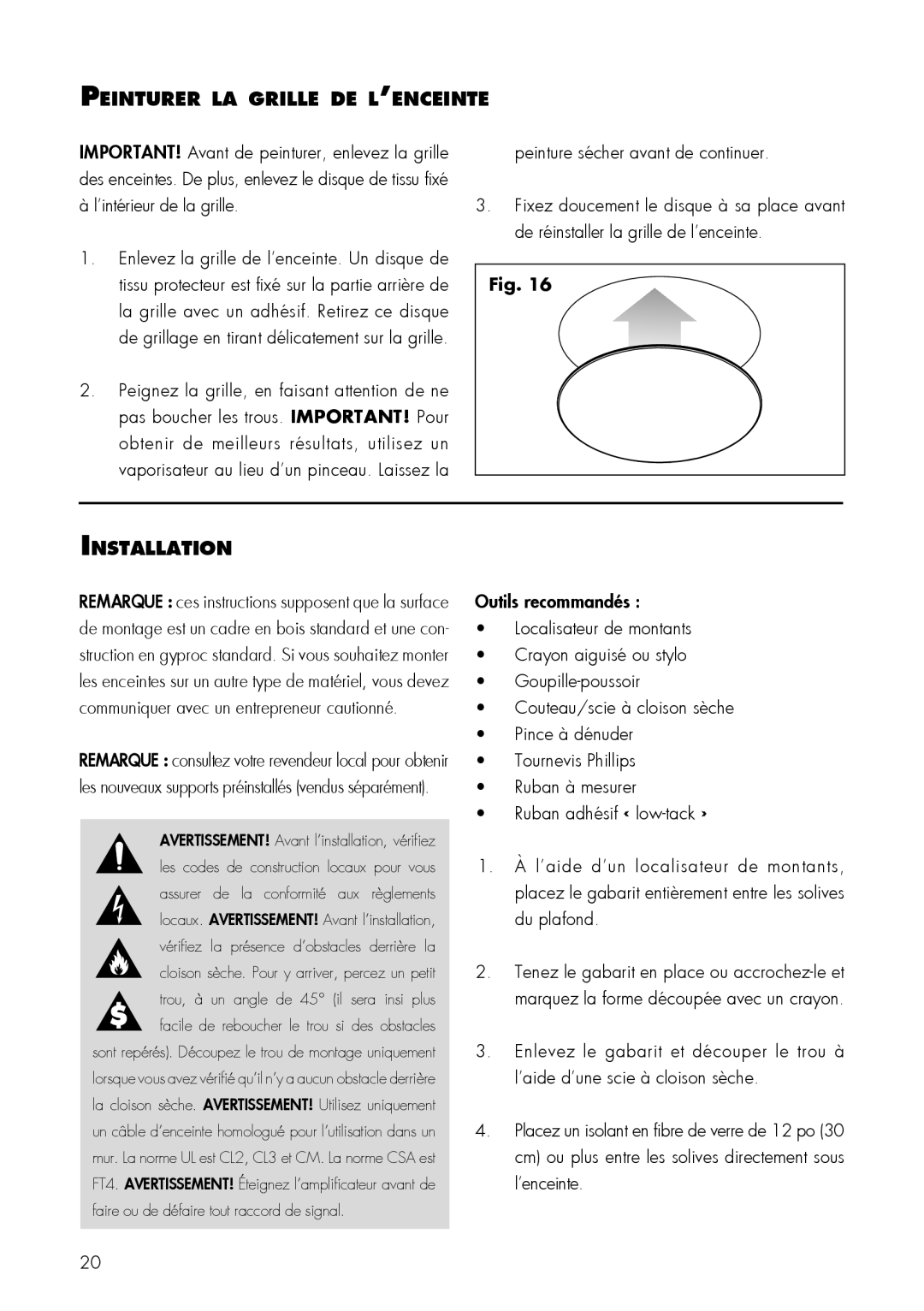 MartinLogan 22, 12 user manual Peinturer la grille de l’enceinte, Installation 