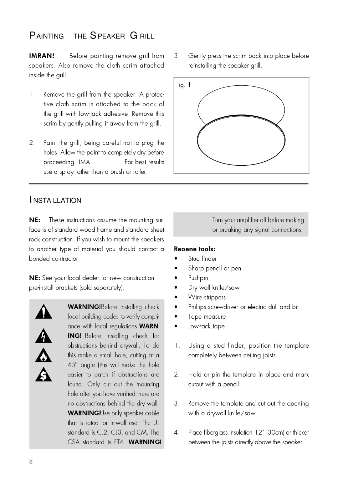 MartinLogan 22, 12 user manual Painting the Speaker Grill, Installation 