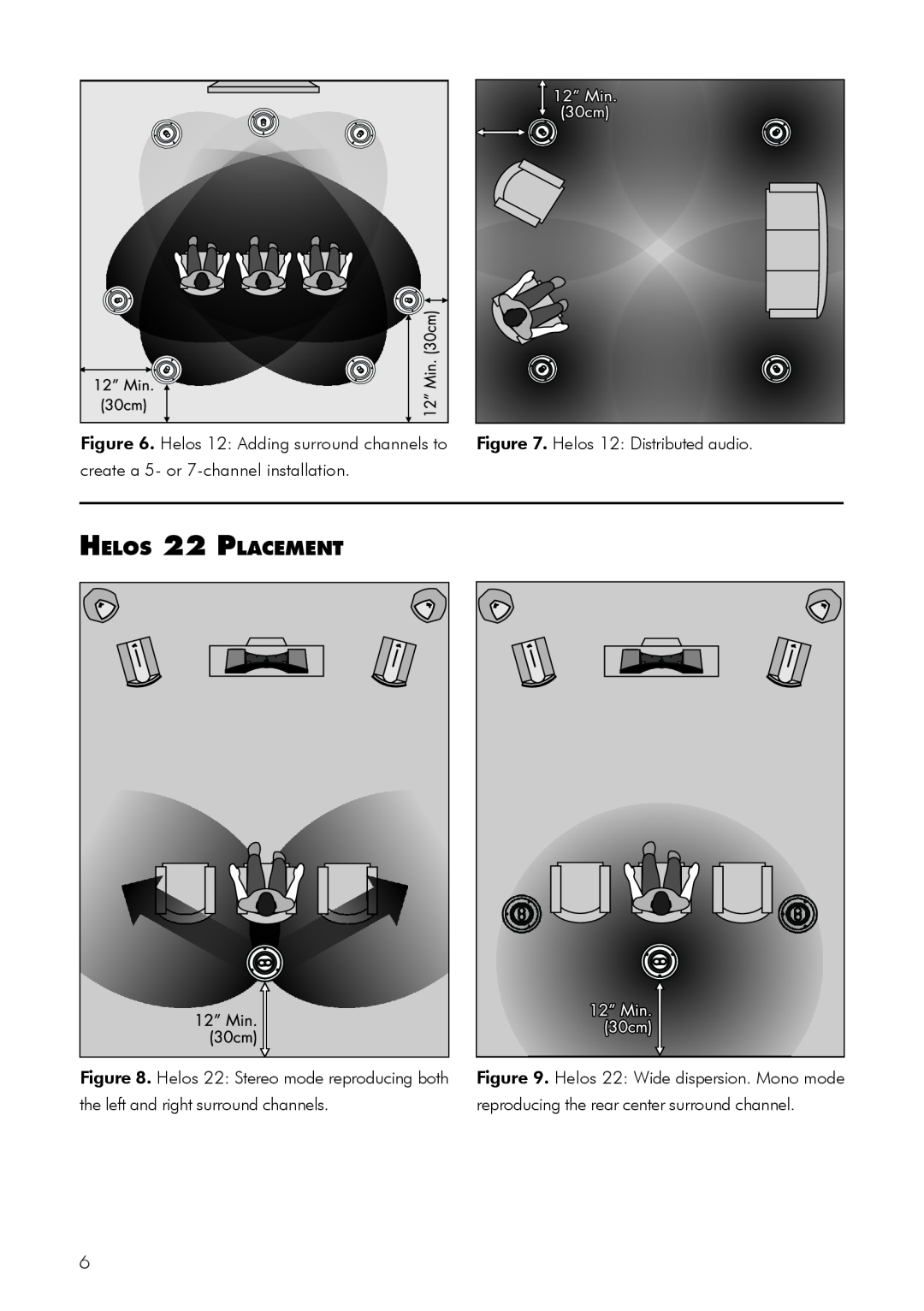 MartinLogan user manual Helos 22 Placement, Helos 12 Adding surround channels to, Helos 12 Distributed audio 