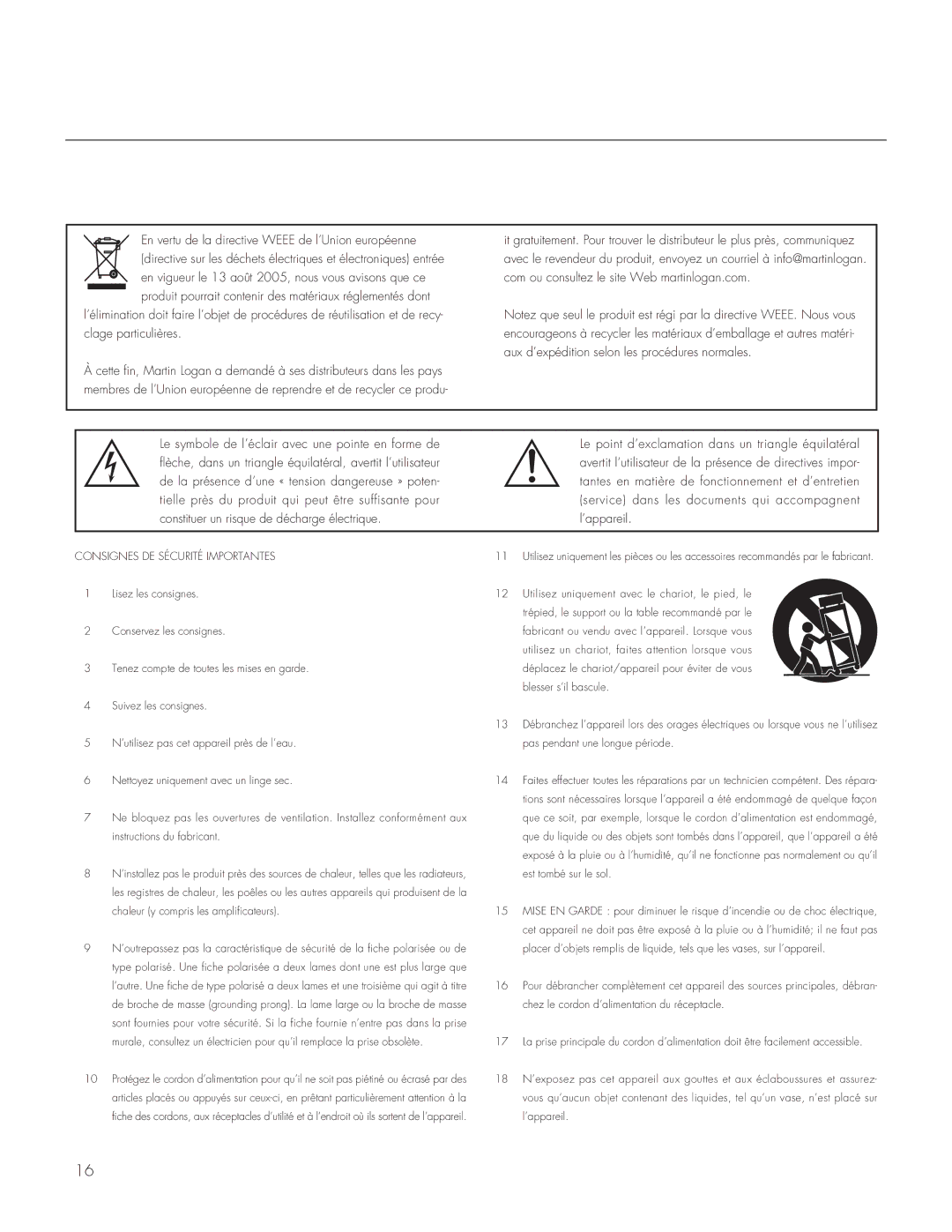 MartinLogan 300 user manual Consignes DE Sécurité Importantes 