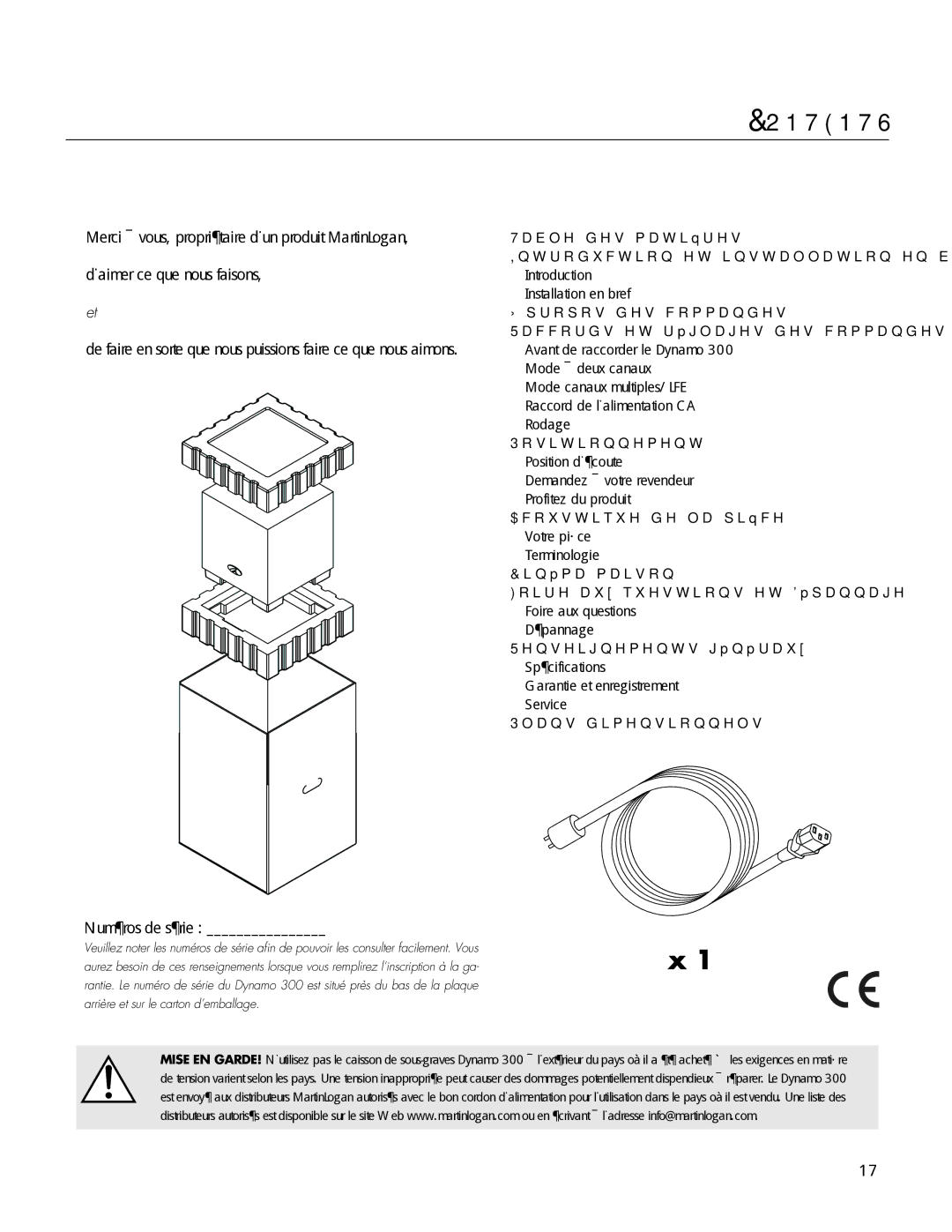 MartinLogan 300 user manual Numéros de série 