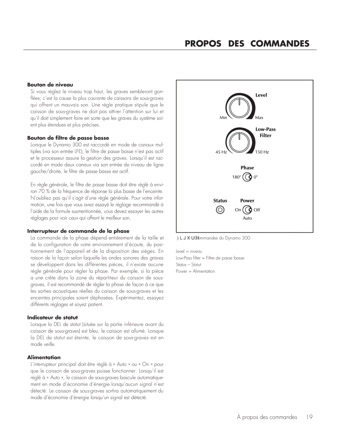 MartinLogan 300 user manual Propos des commandes 