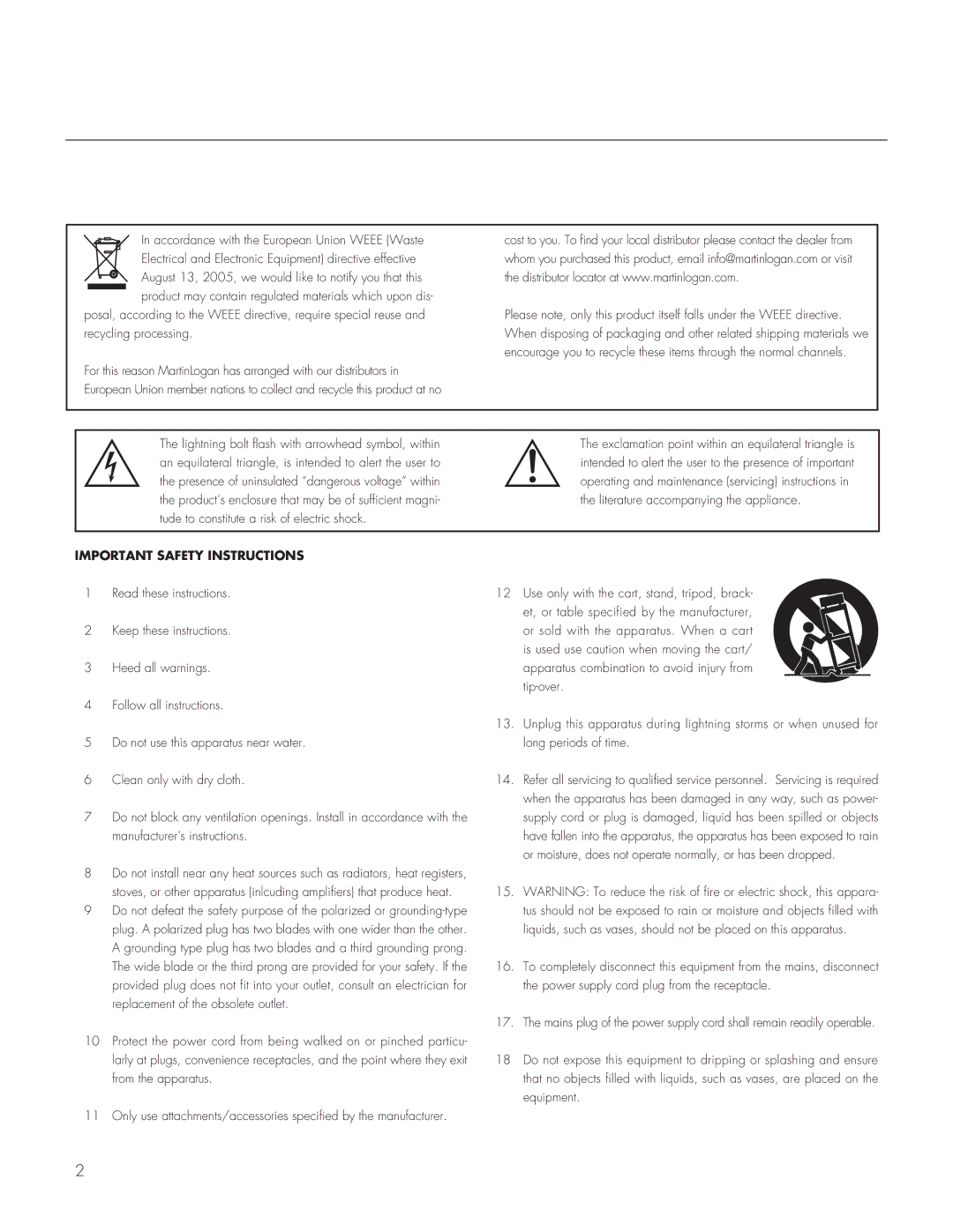 MartinLogan 300 user manual Important Safety Instructions 