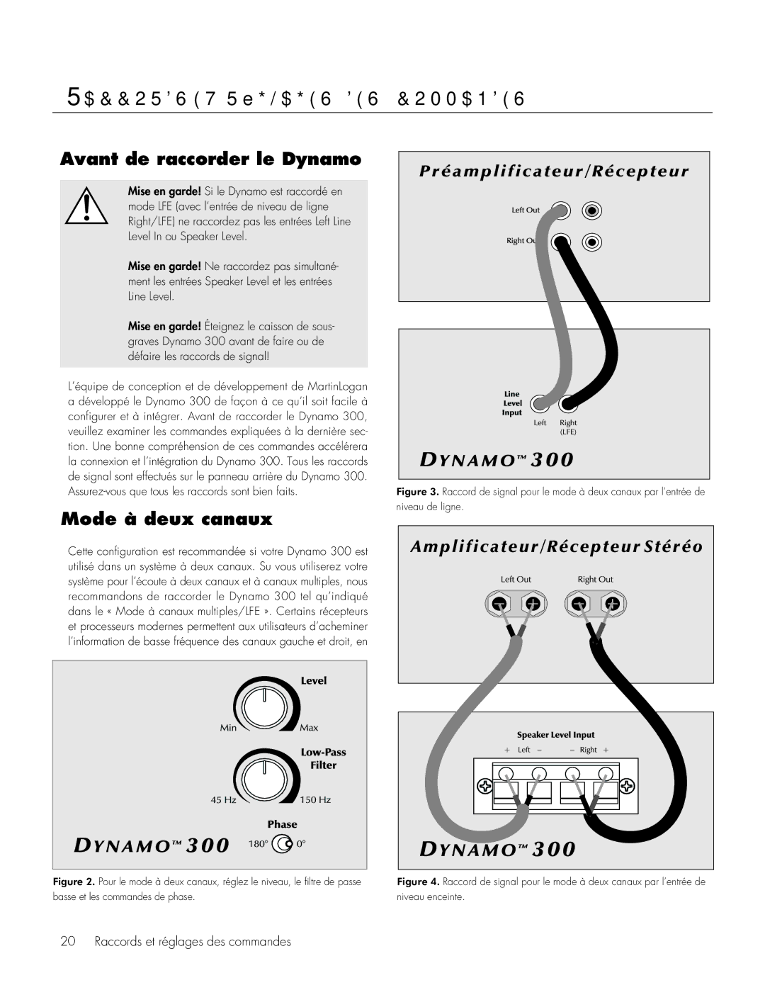 MartinLogan 300 user manual Raccords et réglages des commandes, Avant de raccorder le Dynamo, Mode à deux canaux 