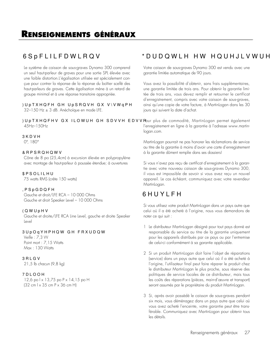 MartinLogan 300 user manual Renseignements généraux, Spécifications, Garantie et enregistrement 