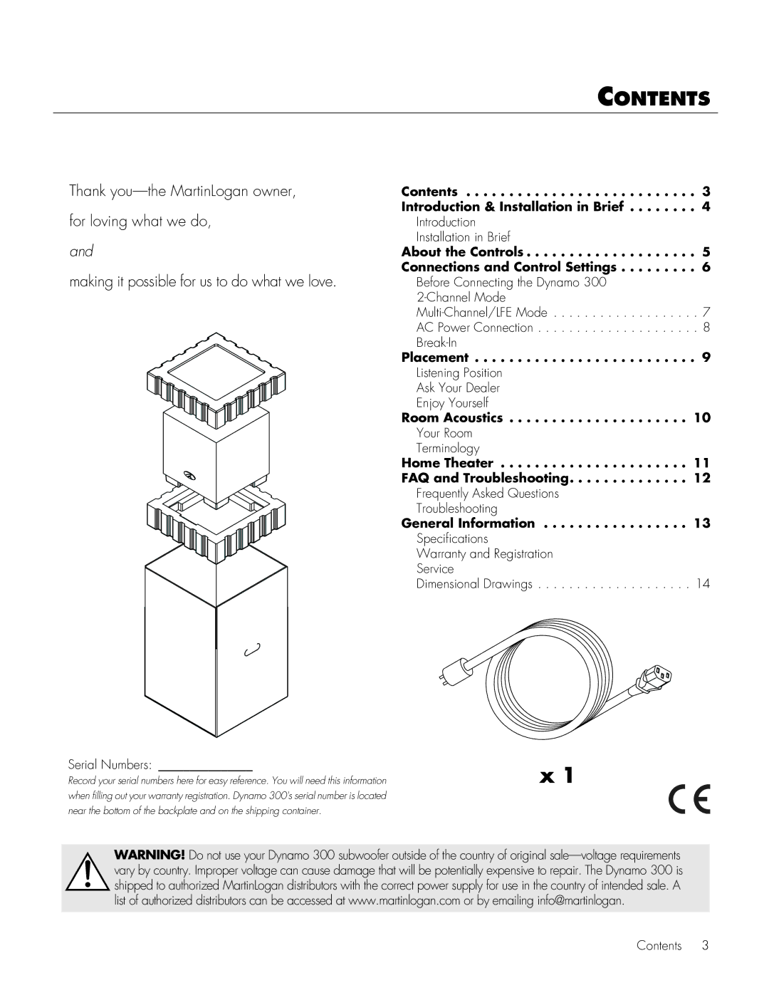 MartinLogan 300 user manual Contents 