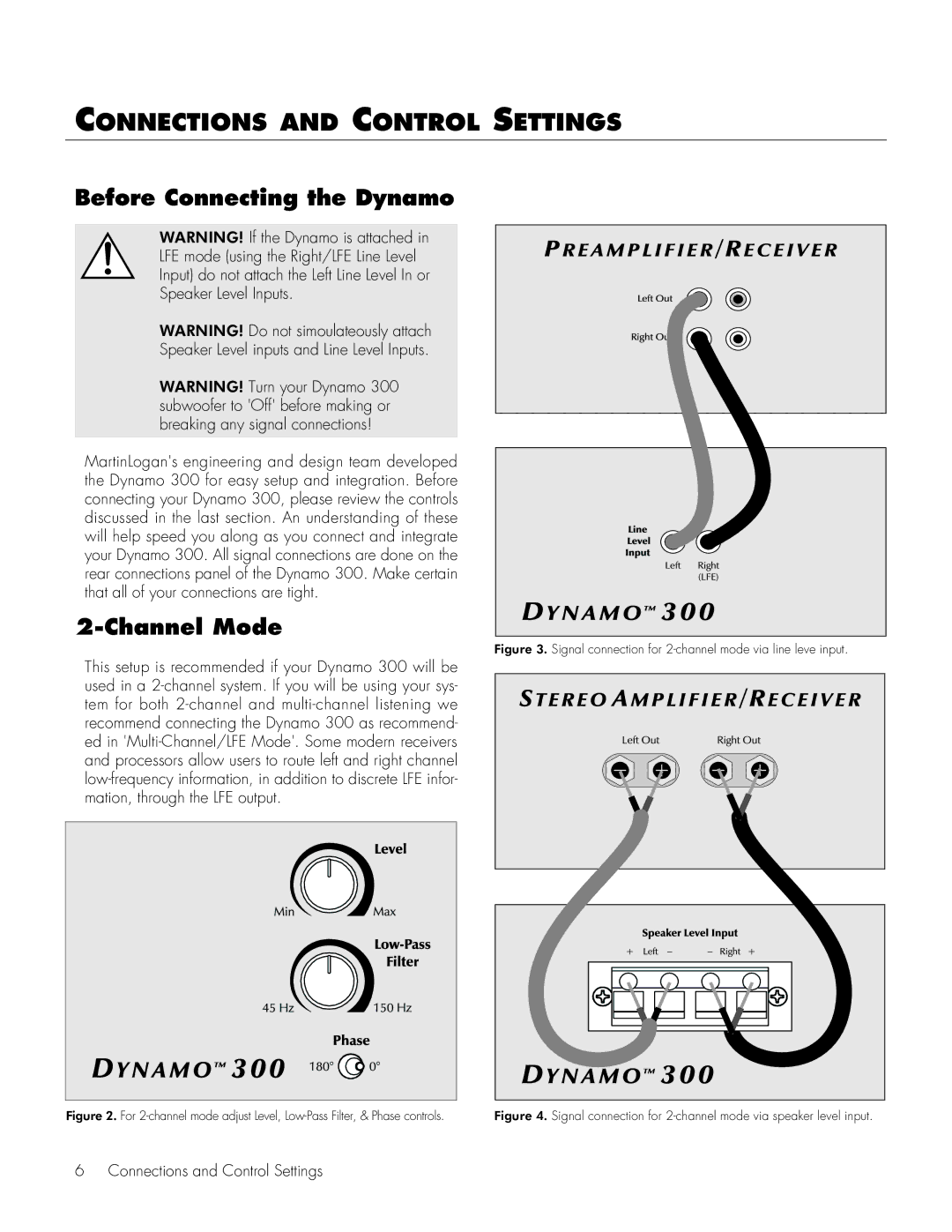 MartinLogan 300 user manual Connections and Control Settings, Before Connecting the Dynamo, Channel Mode 