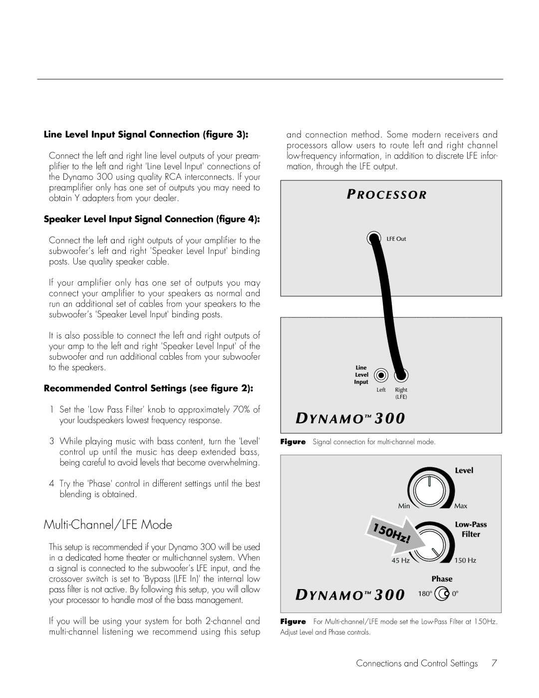 MartinLogan 300 Multi-Channel/LFE Mode, Line Level Input Signal Connection figure, Recommended Control Settings see figure 