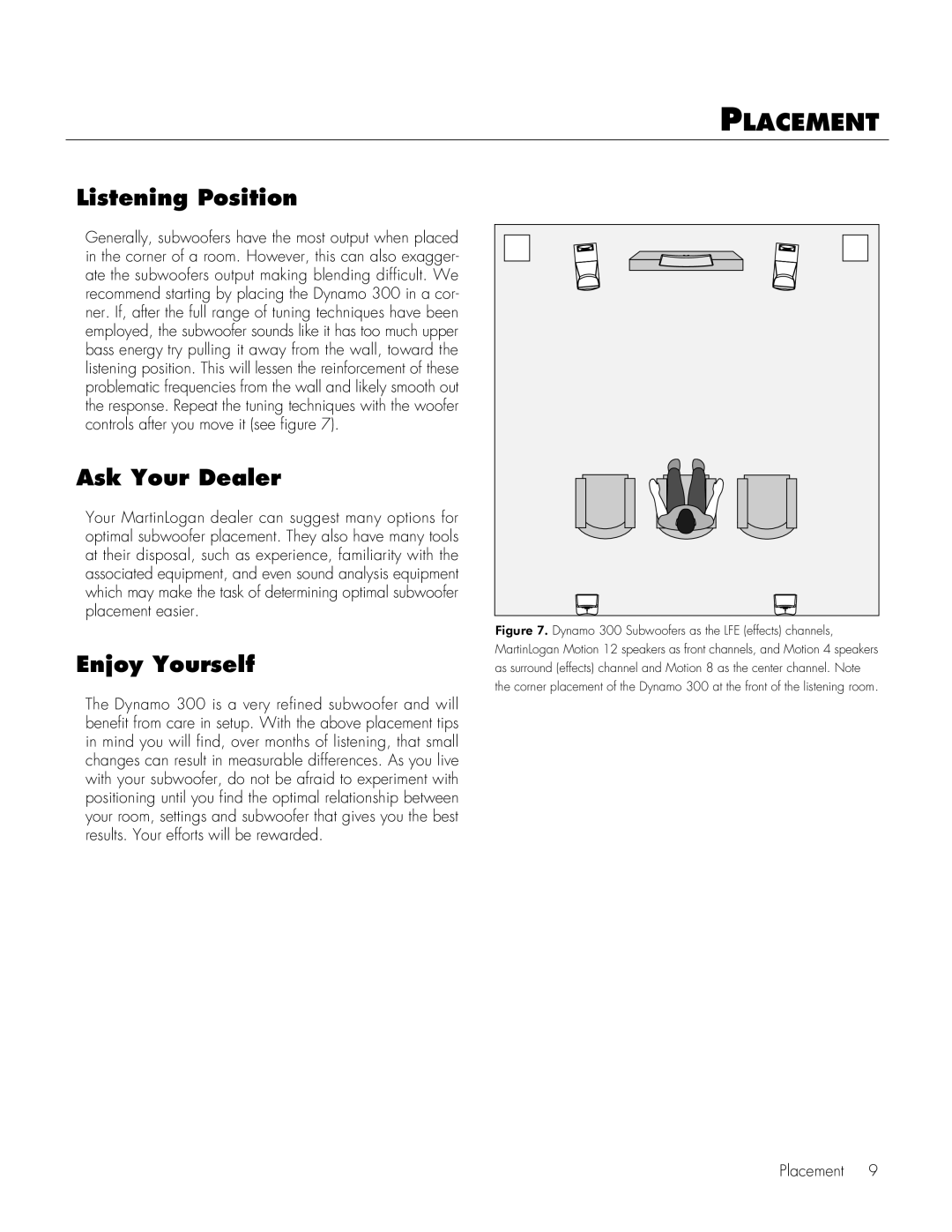 MartinLogan 300 user manual Placement, Listening Position, Ask Your Dealer, Enjoy Yourself 